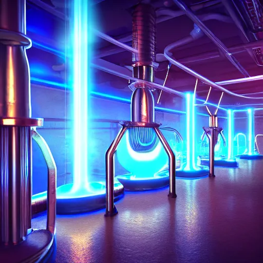 Image similar to photography of a hyper realistic tesla coils, highly detailed blue lighnings arround it. ancient steam punk laboratory background. high detail, professional digital art, unreal engine 5 8 k rendering, stunning, artstation