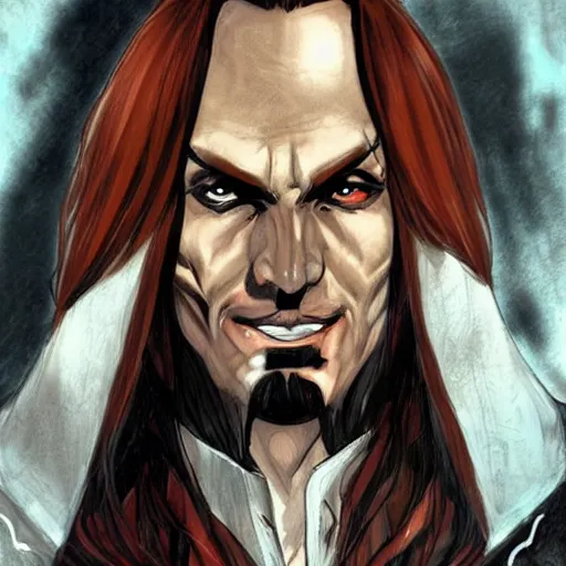 Image similar to a portrait of Vlad III as drawn by Stjepan Sejic, warm tones humor