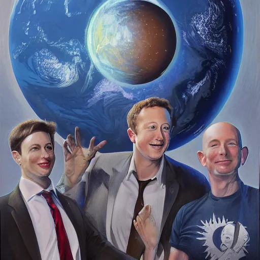 Prompt: portrait of elon musk, mark zuckerberg and jeff bezos together, looking at planet earth, very detailled, art contest winner on behance, trendy on deviantart, donato giancola, joseph christian leyendecker, les edwards, ed repka, wlop