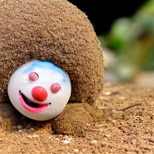 Image similar to photo of a small round creature made of dirt with round blue eyes and a round clown nose and a cute smile