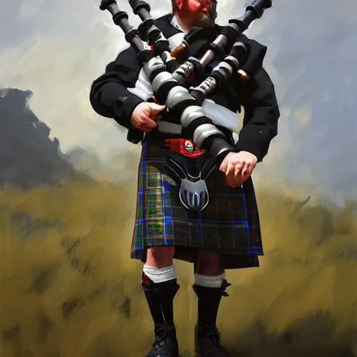 Image similar to greg manchess portrait painting of scottish man playing the bagpipesr overwatch character, medium shot, asymmetrical, profile picture, organic painting, sunny day, matte painting, bold shapes, hard edges, street art, trending on artstation, by huang guangjian and gil elvgren and sachin teng