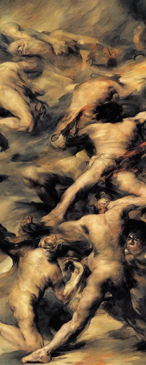 Prompt: a detail of a panting by francisco goya and ernst fuchs, angry faces fighting eachother, war, fire, dark stone, explosions, 8 k, trending on artstation.