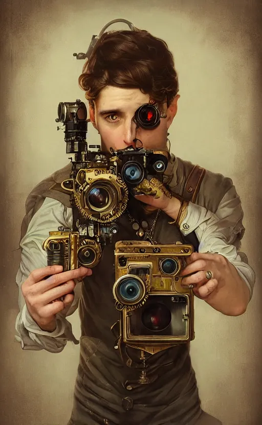 Image similar to hyper realistic male photographer looking through a vintage steampunk medium format camera, design on white background, beautiful details, lush foliage cyberpunk, gold, drawn by john singer sargent, tom bagshaw, norman rockwell, alphonso mucha, lolish, trending on artstation