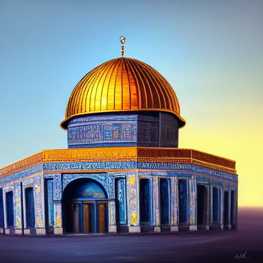 Image similar to a beautiful oil painting flyer design illustration of dome of the rock jerusalem hands hugging it, intricate, elegant, highly detailed, digital painting, artstation, concept art, smooth, sharp focus, illustration