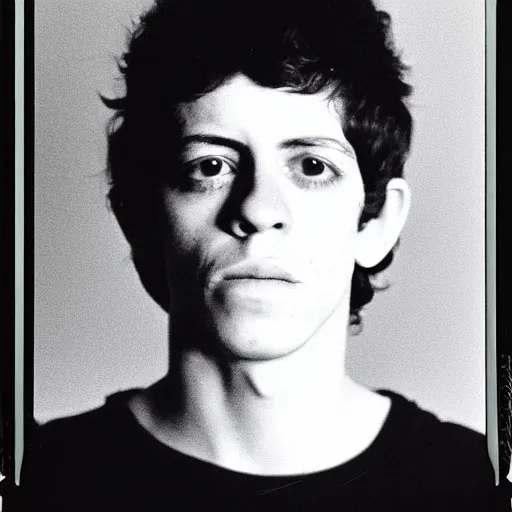 Image similar to Mugshot Portrait of Young Lou Reed, taken in the 1970s, photo taken on a 1970s polaroid camera, grainy, real life, hyperrealistic, ultra realistic, realistic, highly detailed, epic, HD quality, 8k resolution, body and headshot, film still, front facing, front view, headshot and bodyshot, detailed face, very detailed face