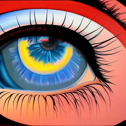 Prompt: beautiful painting reflection mountains in the pupil eye, high resolution, high detail, 4K, 8K