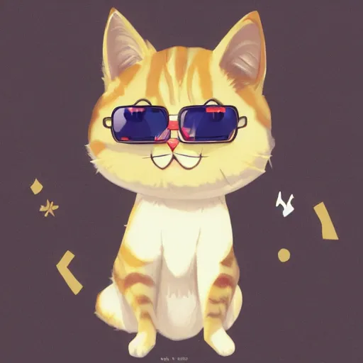 Cute Kitten Wearing Glasses and Sitting Cartoon Kawaii Chibi