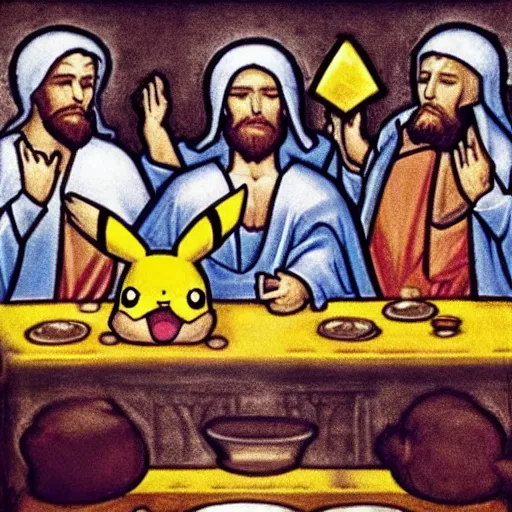 Image similar to Pikachu instead of Jesus at the Last Supper by Leonardo da Vinchi