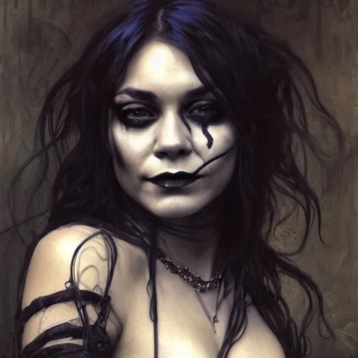 Image similar to beautiful portrait of vanessa hudgens as death from sandman, smiling, by cedric peyravernay, alphonse mucha, by jeremy mann, by lecouffe deharme, goth chic, soft lightning, eyeliner, punk rock, high detailed, 8 k