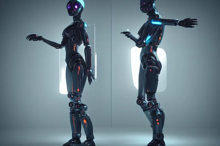 Image similar to cyberpunk alien concept inspired female robot, futuristic look, highly detailed body, very powerful, photorealistic camera shot, bright studio setting, studio lighting, crisp quality and light reflections, unreal engine 5 quality render