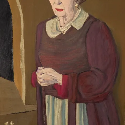 Image similar to margaret thatcher as a 1 2 th century peasant in england, painting, exhibited at british museum, oil on canvas, restored, art, 1 2 th century