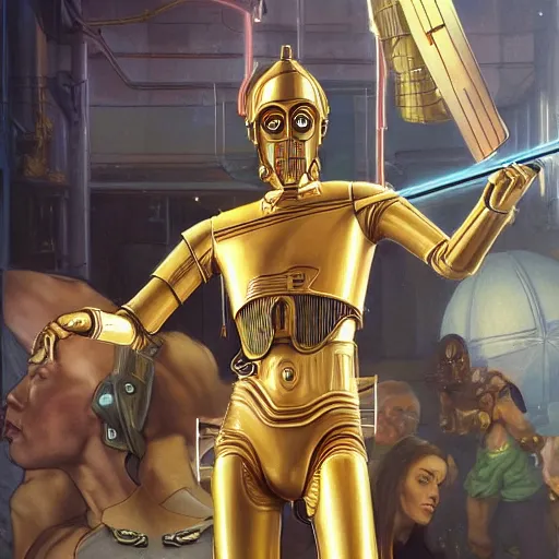 Prompt: c 3 po as vega street fighter, jump kick, 4 k, ultra realistic, detailed focused art by artgerm and greg rutkowski and alphonse mucha