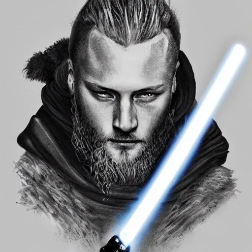 Prompt: Ragnar Lothbrok wielding a red lightsaber, by Lionel Royer, trending on artstation 4k.