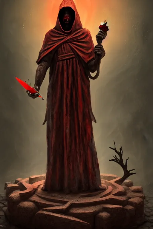 Image similar to an ancient statue of a hooded cultist is holding a bloody knife in one hand and a tomato on the other, standing in a forgotten temple to an eldritch god, by patrick mcenvoy and michael komarck and fantasy flight, incredible quality, trending on artstation