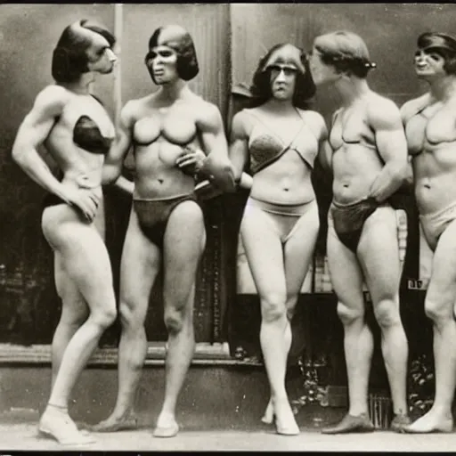 Image similar to muscular Amazonian women and smaller, frailer men, 1920s photography