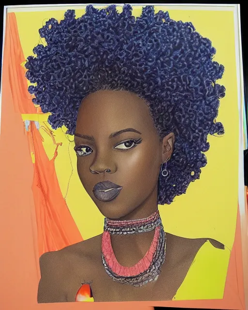 Prompt: a pretty young african woman with an extravagant hair style, colored pencil highly realistic rendering graphic collage in the style of Erica Rose Levine