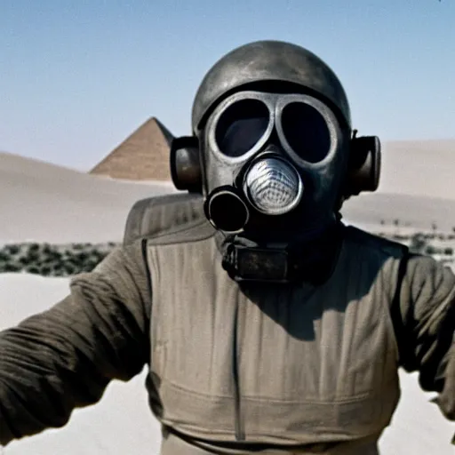 Image similar to a heavily armored man wearing a gasmask, walking over sand dunes, pyramid in background, film still, arriflex 3 5