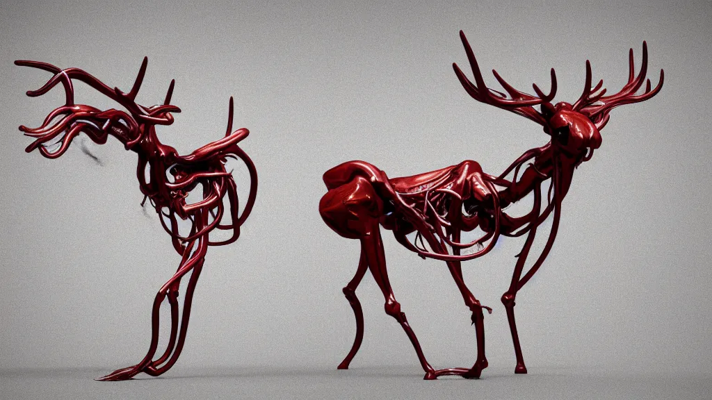 Image similar to stylized shiny polished silver statue full body bizarre extra limbs cosmic horror quadruped animal moose deer skull four legs made of marble of slug worm creature tendrils perfect symmetrical body perfect symmetrical face hyper realistic hyper detailed by johannen voss by michelangelo octane render blender 8 k displayed in pure white studio room anatomical deep red arteries veins flesh animatronic