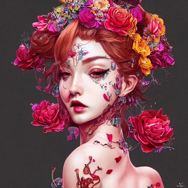 Prompt: an absurdly beautiful, elegant, young hypercolorful sensual gravure idol partially made up of rubies and red petals, ultrafine hyperrealistic detailed face illustration by kim jung gi, irakli nadar, intricate linework, sharp focus, bright colors, matte, octopath traveler, final fantasy, unreal engine highly rendered, global illumination, radiant light, intricate environment