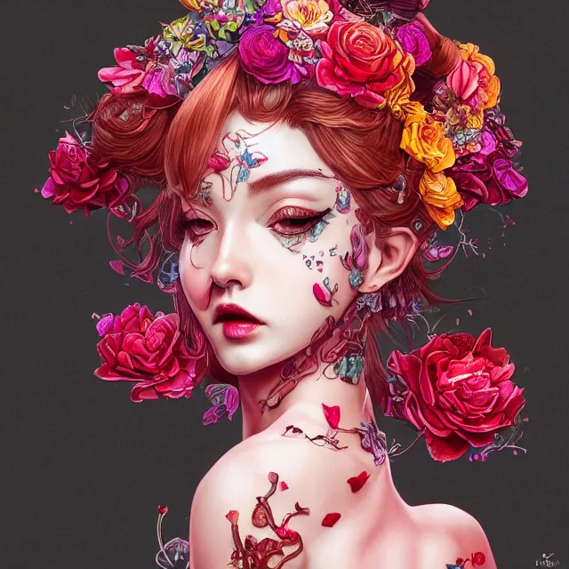 Image similar to an absurdly beautiful, elegant, young hypercolorful sensual gravure idol partially made up of rubies and red petals, ultrafine hyperrealistic detailed face illustration by kim jung gi, irakli nadar, intricate linework, sharp focus, bright colors, matte, octopath traveler, final fantasy, unreal engine highly rendered, global illumination, radiant light, intricate environment