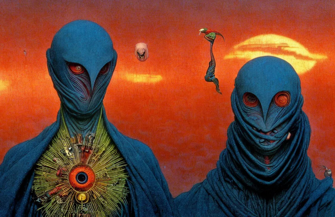 Image similar to extremely detailed portrait film shot of a birdman wearing dark ragged robes, scifi city sunrise landscape background by denis villeneuve, amano, yves tanguy, alphonse mucha, ernst haeckel, max ernst, roger dean, dramatic closeup composition, rich moody colours, blue eyes