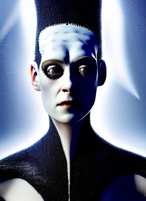 Image similar to portrait of kristen mcmenamy as a beautiful gentle futuristic bride of frankenstein from the movie bride of frankenstein, kintsugi, modern fine art, fractal, intricate, elegant, highly detailed, digital photography, subsurface scattering, by jheronimus bosch and greg rutkowski, still from the movie ex machina