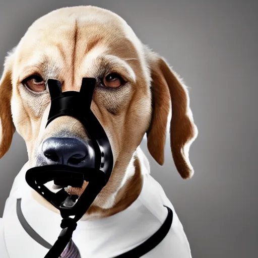 Prompt: uhd candid photo of joe biden wearing a dog muzzle, with accurate face, real dog muzzle, uhd, studio lighting, correct face, photo by annie leibovitz