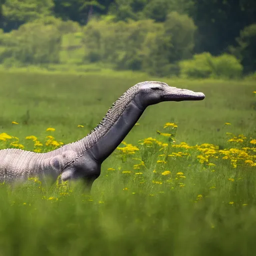 Prompt: a diplodocus lazily walking through a meadow enjoying the summer sun