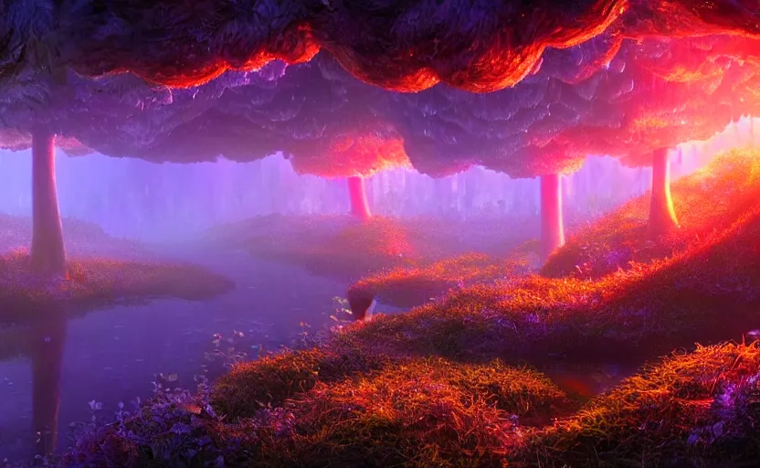 Image similar to a beautiful and stunning professional digital artwork of a glowing mushroom cave, haze, spores floating in the air, vines, water, volumetric lighting, hyperrealistic, rtx on, ultra detail