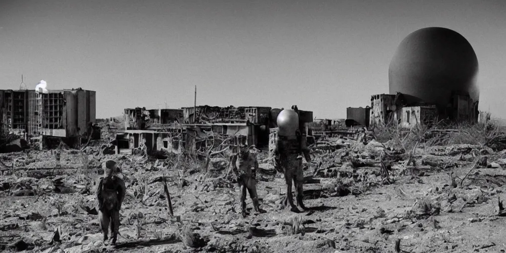 Prompt: portrait of irradiated post apocalyptic nuclear wasteland 1950s future black and white award winning photo highly detailed Arriflex 35 II, lighting by stanley kubrick