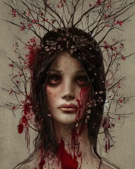 Image similar to a beautiful but sinister and creepy woman in layers of fear, with haunted eyes, violence in her eyes, putting on lipgloss, 1 9 7 0 s, seventies, delicate embellishments, a little blood, woodland, moonlight shining on wildflowers, painterly, offset printing technique, by alexandre cabanel