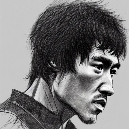 Prompt: a realistic yet scraggly portrait sketch of the side profile of a stern and sophisticated bruce lee, trending on artstation, intricate details, in the style of frank auerbach, in the style of sergio aragones, in the style of martin ansin, in the style of david aja, in the style of mattias adolfsson