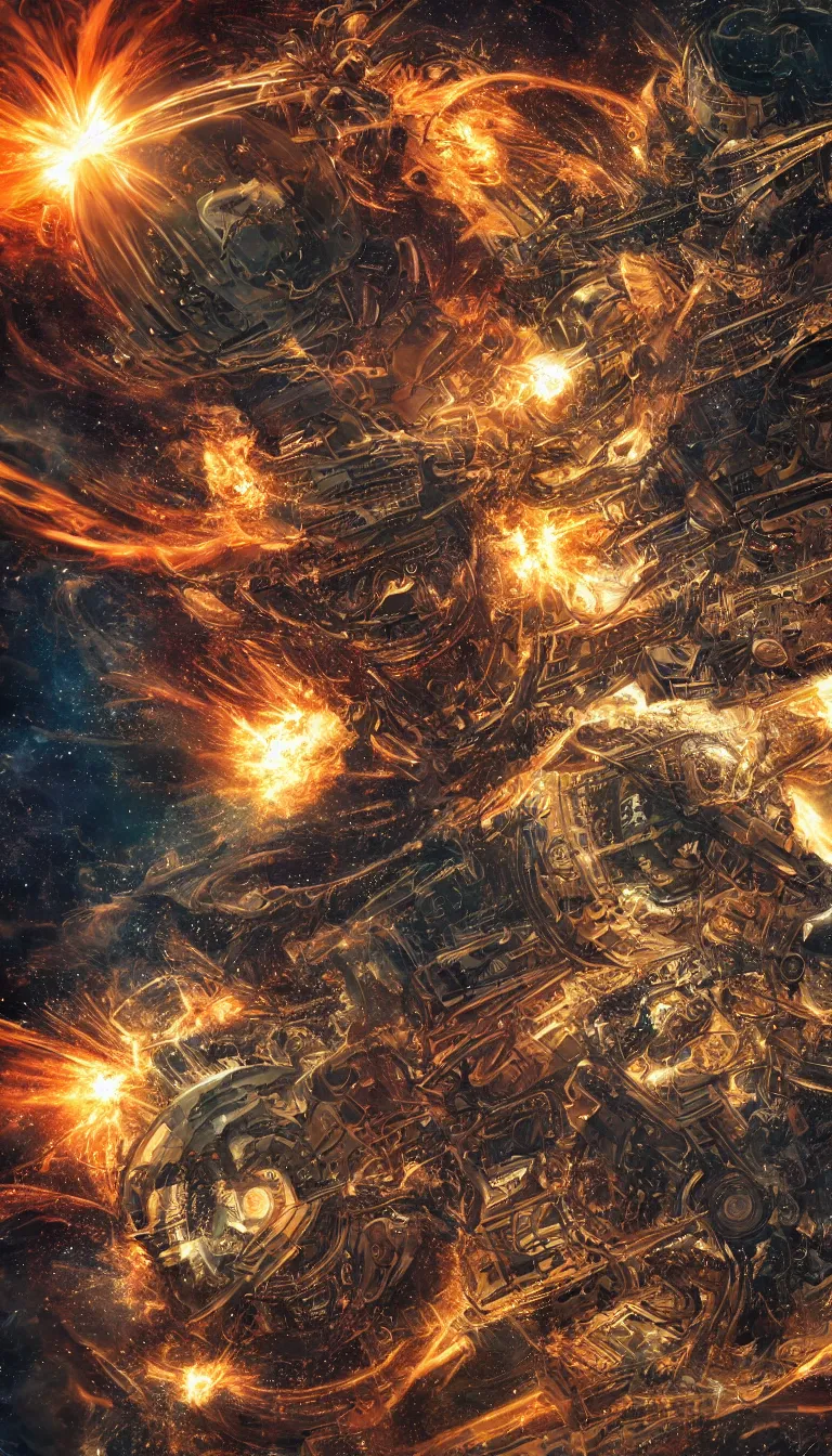 Image similar to intricate machine in space, explosions, art by mark cooper, 8 k, hyper detailed, hdr, intricate, masterpiece