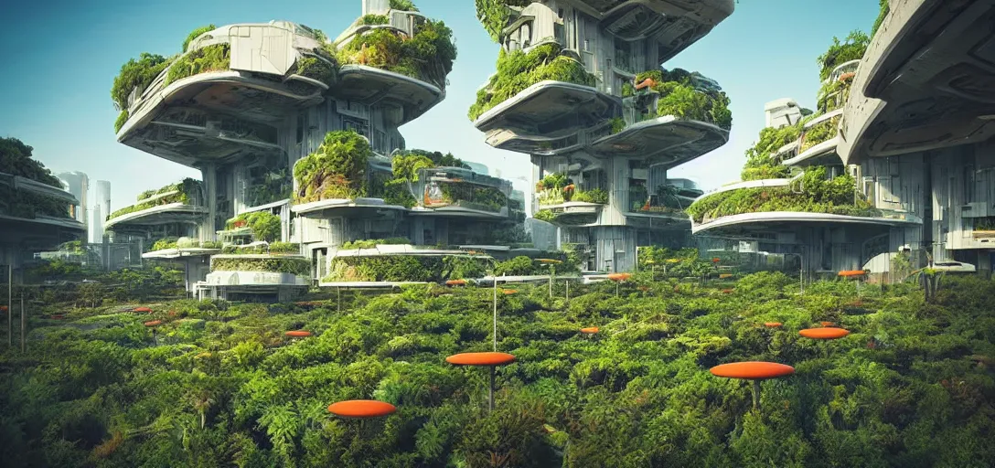 Image similar to a futuristic abandonded biome, gardens and orange brutalist buildings with plants growing on top sci - fi, digital art by beeple