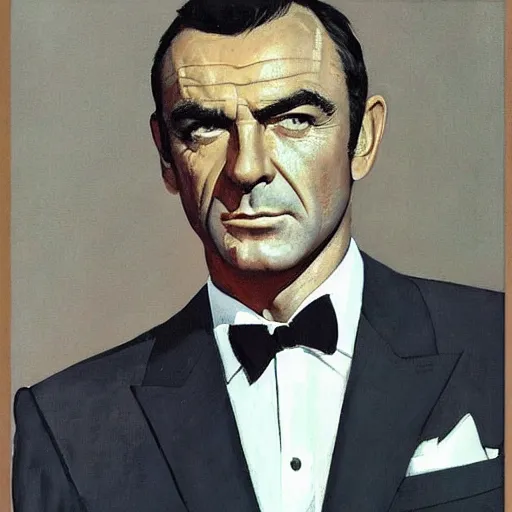 Prompt: “portrait of a young Sean Connery as James Bond, impeccably dressed, by Robert McGinnis”