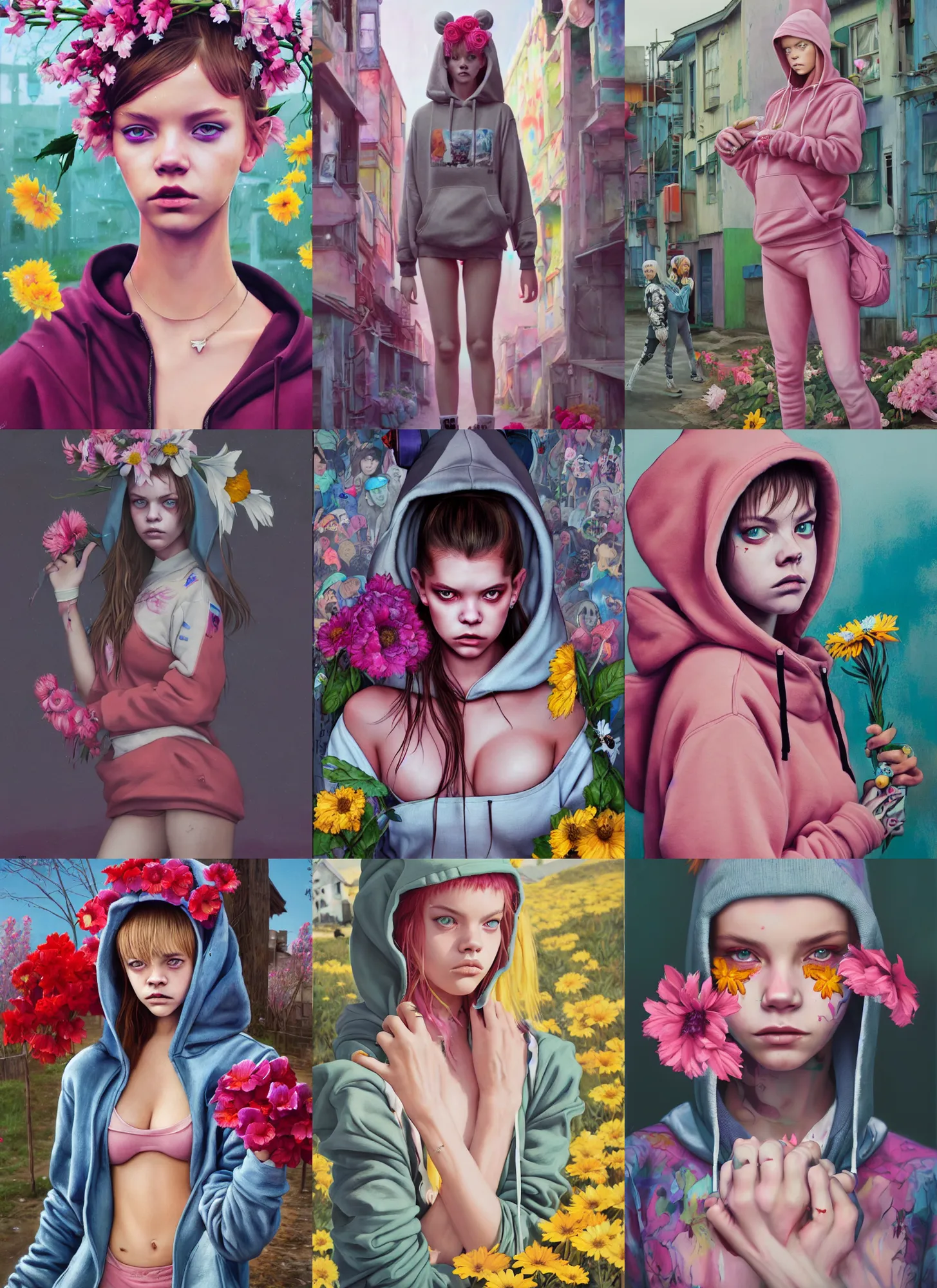 Image similar to still from music video of barbara palvin from die antwoord standing in a township street, wearing a hoodie and flowers, street clothes, full figure portrait painting by martine johanna, ilya kuvshinov, rossdraws, pastel color palette, 2 4 mm lens