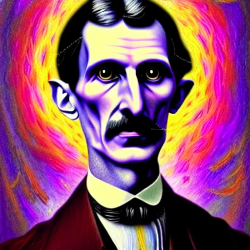 Image similar to An extremely psychedelic portrait of Nikola Tesla, surreal, LSD, face, detailed, intricate, elegant, lithe, highly detailed, digital painting, artstation, concept art, smooth, sharp focus, illustration