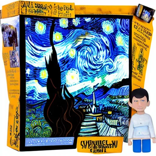 Prompt: vincent van gogh standing next to his painting starry night, stop motion vinyl action figure, plastic, toy, butcher billy style