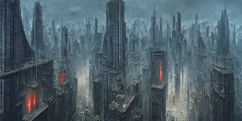 Prompt: dystopian cityscape by tomek setowski, zdzislaw beksinski, surreal oil painting, dream like, highly detailed, symmetry, masterpiece