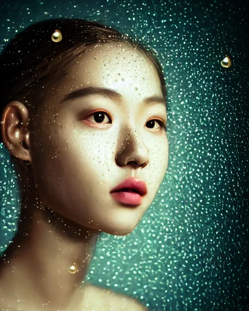 Image similar to pearl skinned girl, golden droplets on her face, casual clothes, chessboard pattern, she is looking up, intricate, crystal eyes, perfect face, atmosphere, glowing, radiant, dancing in the mud, cinematic lighting, high quality, perfect, 8 k high detail, masterpiece, trending on artstation, by seunghee lee, chengwei pan