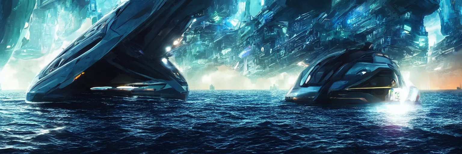 Prompt: a giant glowing spaceship in the ocean, humans swimming, galaxy, hyper realistic, epic lighting, cyberpunk, wide angle lens