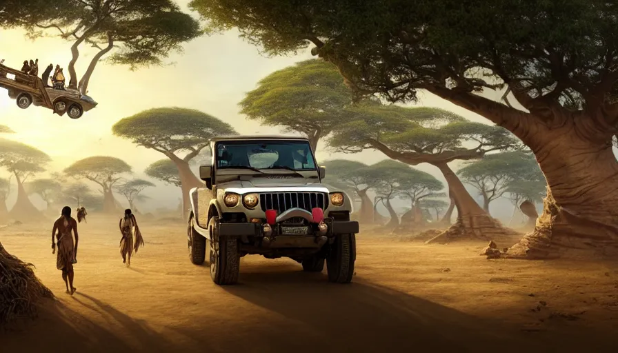 Image similar to mahindra thar driving through madagascar with baobabs trees, tribe members chasing for an attach, action scene, an epic fantasy, artgerm and greg rutkowski and alphonse mucha, an epic fantasy, volumetric light, detailed, establishing shot, an epic fantasy, cinematic, photorealistic, ultrarealistic, trending on art station, octane render, midsommar