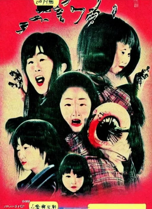 Image similar to vintage japanese movie poster with nightmarish monsters, from a 1 9 8 0 s japanese horror movie