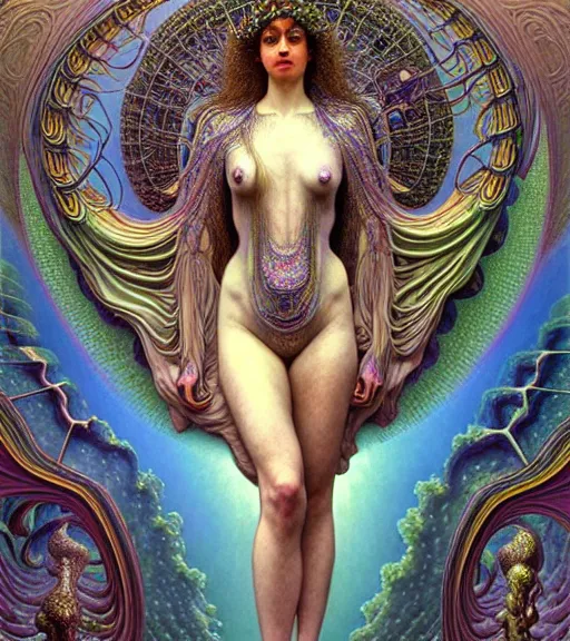 Prompt: detailed realistic beautiful young groovypunk fully clothed cher as queen of andromeda galaxy. art nouveau, symbolist, visionary, baroque, giant fractal details. horizontal symmetry by zdzisław beksinski, iris van herpen, raymond swanland and alphonse mucha. highly detailed, hyper - real, beautiful