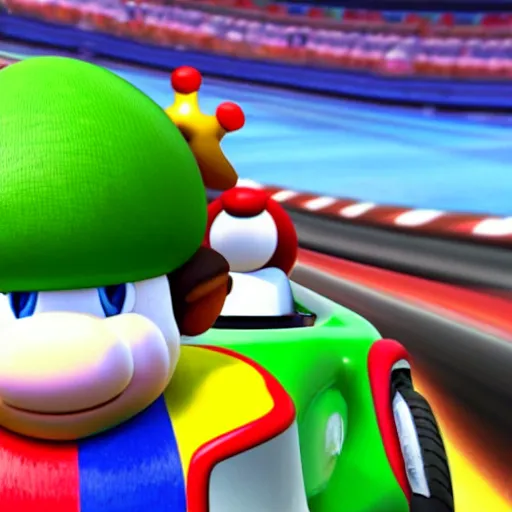 Image similar to Gameplay screenshot of Lionel Messi as toad in Mario Kart, Mushroom hat, Nintendo, Red Bull
