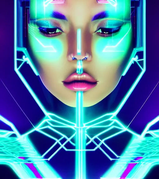 Prompt: symmetry!! latin princess of technology, solid cube of light, hard edges, product render retro - futuristic poster scifi, lasers and neon circuits, beautiful woman latin princess, intricate, elegant, highly detailed, digital painting, artstation, concept art, smooth, sharp focus, illustration, dreamlike, art by artgerm