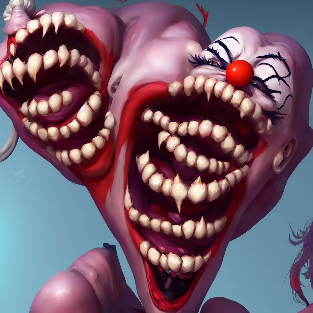 Image similar to a scary female clown laughing, directed gaze, full - body and head view, highly detailed, zeronis style, artstation, soft light, sharp focus, illustration, character design, concept art