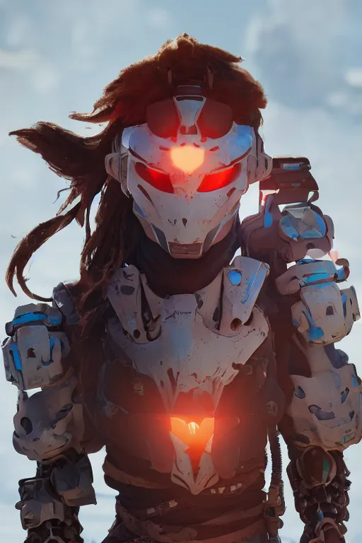 Image similar to combination suit armor aloy horizon forbidden west horizon zero dawn robot ninja mask helmet backpack tribal, aesthetic octane render, 8 k hd resolution, by ilya kuvshinov and cushart krentz and gilleard james radiating a glowing aura cgi rtx 2 0 2 2