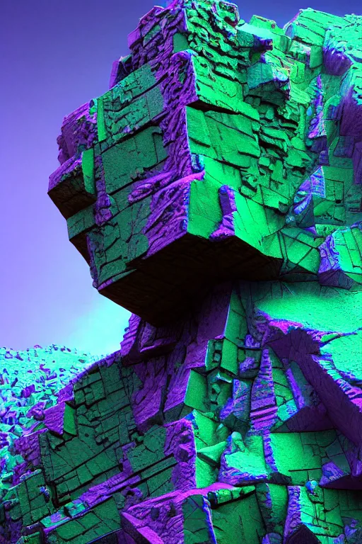 Prompt: concept art of totally fractal bismuth rock giant golem : : patterns rainbow bismuth fractalization : : extremely high details, masterpiece, photorealistic, hyperrealism, vray, octane render, volumetric lighting, depth of field, bokeh, artstation, cgsociety by elyse graham, johannen voss, greg broadmore