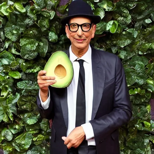 Image similar to Jeff Goldblum wearing an avocado as a hat